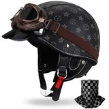 HALYING Retro Halbschalenhelm für Motorrad/Cruiser/Scooter ECE22.06 -Zertifizierter, Abnehmbarem Nackenschutz, Atmungsaktives Innenfutter für Damen/Herren Mofa Helm Chopper Helm Jethelm