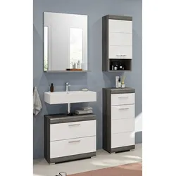 Badezimmermöbel Set modern Rauchgrau Holzoptik Hochglanz weiß (vierteilig)