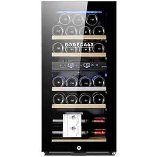 BODEGA43-22 Weinkühlschrank klein - Weinkühlschrank 2 Zonen, 22 Weinflaschen, 5-20 oC, 60 Liter, Geräuscharm (41 dB), 5 Schubladen aus Buchenholz, Kompressor mit Lüfterkühlung