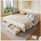 Flieks Polsterbett, Tagesbett Daybett Schlafsofa 90/180x200cm mit 2 Schubladen Ausziehbett beige
