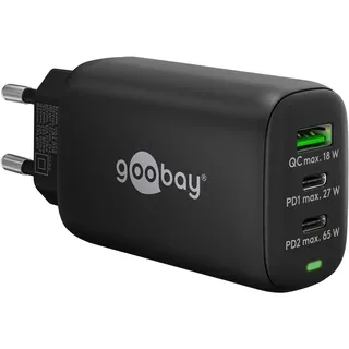 goobay 65407 USB C Ladegerät Netzteil 65W Power Delivery PD Schnellladegerät/iPhone/Android/USB-C & USB-A 3 Port Mini Adapter für Steckdose/Schwarz