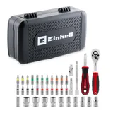 Einhell 38-tlg. Bit- und Steckschlüssel-Set (1/4" Umschaltknarre, CrV-Stecknüsse 5–14 mm, S2-Stahl, Stecknuss-Verlängerungen, Universalgelenk, Adapter, Bit-Schraubendreher, Box)