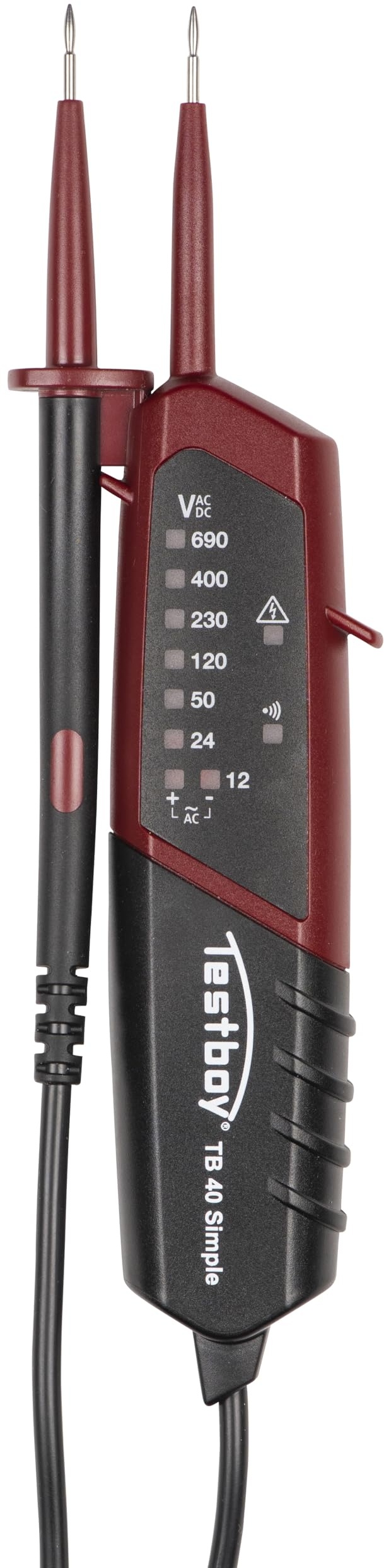 Testboy 40 Simple Zweipoliger Spannungsprüfer mit LED-Anzeige für Gleich- und Wechselspannung (Durchgangsprüfung, Einhandbedienung, Spannungsbereich 12 - 690 V AC/DC, Anzeige mit 10 LEDs), Schwarz/Rot