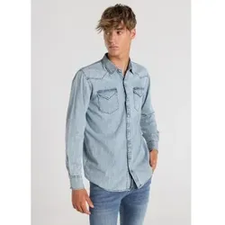 Six Valves für Herren. 540201204 Denim Shirt langarm doppelt gewaschen steinblau (XL), Lässig, Baumwolle