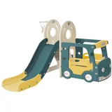 Rutaqian Indoor-Rutsche 4-in-1 Kinder Rutsche und Schaukel Set für Kleinkinder 3-8 Jahre, (Kinderrutschenset Extra großer Indoor- und Outdoor-Spielplatz, inklusive Bus, Rutsche, Trittleiter), Basketballkorb und Passendem Basketball grün