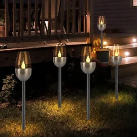 ETC Shop Außenleuchte Solarlampe Steckleuchte, Gartenfackel mit Feuereffekt, Terrassenlampe, integrierter Akku, Metall, schwarz, led, DxH 6x38cm, 6er Set