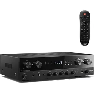 Donner Stereo Verstärker, Prämie 4-Kanal Verstärker mit 1000 W Maximalleistung und Bluetooth 5.0, USB, FM, 2 Mikrofoneingängen, Cinch, Glasfaser/Koaxial Eingang für Heim, Karaoke und Kinolautsprecher