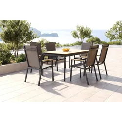 OUTFLEXX Glasgow Garten-Essgruppe für 6 Personen, anthrazit matt/natur, Alu/Holzimitat, stapelbar, pulverbeschichtet, hohe Belastbarkeit