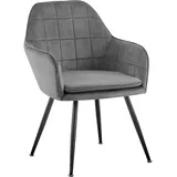 TRISENS Esszimmerstühle Steppoptik Loungesessel mit Armlehnen gepolsterte Küchenstühle mit abgestepptem Samtbezug Stühle mit Metallgestell, Farbe:Hellgrau, Menge:1 St.