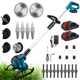 Akku Rasentrimmer Rasenkantenschneider Freischneider mit 21V 2000mAh Akku und Ladegerät, mit 4 in 1 Metallklinge, Rasentrimmerfaden Faden Verstellbarer Kopf Rasenmäher für Rasenschneiden