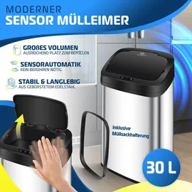 Kesser KESSER® Sensor Mülleimer Küche Automatik mit Bewegungssensor Abfalleimer | Soft-Close-Deckel Müllbehälter mit Touch-Bedienfeld & Sensor LCD-Display Edelstahl inkl. Müllsackhalter