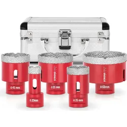 PROREGAL Diamant Bohrkronenaufsatz-Set Premium CRYSTAL 20-35-45-55-68mm, für Fliesen, Glas, Feinsteinzeug, Keramik, Granit, Steinfliesen
