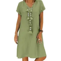 FIDDY Strandkleid Sommerliches Damen-Leinenkleid mit V-Ausschnitt und Midi-Kleid