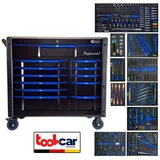 Toolcar Werkzeugwagen Werkstattwagen 12 Schubl., 10 befüllt, bestückt, gefüllt mit Werkzeug, abschließbar, kugelgelagerte Rollen, Chrom-Vanadium-Stahl, stabil, max. Traglast:50 kg, 300-tlg. Werkzeugset, (Steck-/Ringschlüssel, Ratschen, Torx, Schraubendreher, Zangen, 520-tlg., EVA-Einlagen, logisch sortiert, schneller Zugriff, Größenmix), Arbeitsplatte, Kantenschutz, Stahl pulverbeschichtet, Griff schwarz