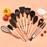 12 Stücke Küchen Kochutensilien Set, Silikon Küchenhelfer Set, Schwarz Kochlöffel Set mit Utensilienhalter, Hitzebeständiger Kochbesteck Set, Antihaftbeschichtete, Spülmaschinengeeigne, Schwarz