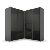 Rauch Quadra Eckschrank inkl. Türendämpfer und Schubladeneinsatz, mit Spiegeltüren grau metallic/Hochglanz Effektgrau, Schwarz, 4-trg. Spiegel, 2 Kleiderstangen, 12 Einlegeböden, 3 Schubladen, BxHxT 181x229x187 cm