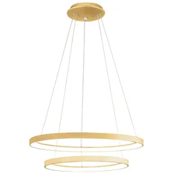 Gea Luce Krizia - Dimmbare 88W Doppel-LED-Pendelleuchte - 6300lm, 3000K warmes Licht, gebürstete Goldringe, Opaldiffusor, IP20, d. 60+80 cm