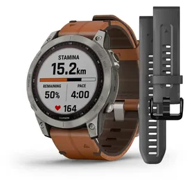 Garmin fenix 7 Sapphire Solar Titanium Titan mit braunem Lederarmband