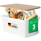 Novaliv 3er Set Aufbewahrungsbox mit Holzdeckel Küche 14L Weiß Kunststoff Rattan-Optik Küche Aufbewahrung & Organisation BPA-Freie Schrank Organize