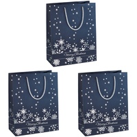 Sigel GT110 große Premium Papier-Geschenktüten | 26 x 33 cm | 3er Set | mit Silberprägung | für Weihnachten | "Silver Snowflakes"