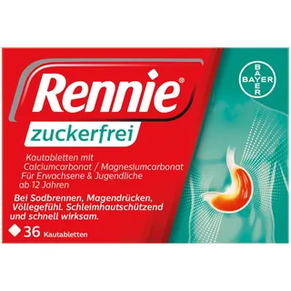 Rennie zuckerfrei | lindern Sodbrennen und säurebedingte Magenbeschwerden | für Schwangere und Diabetiker geeignet | 36 Kautabletten