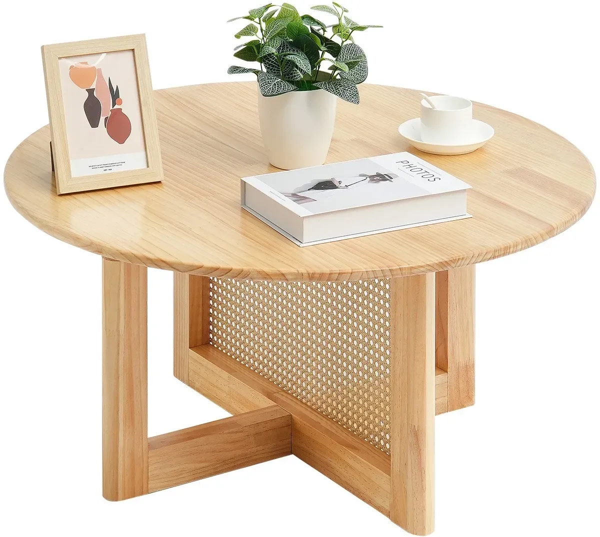 VEVOR Rattan-Couchtisch Rund Holz-Kaffeetisch Einstufig Wohnzimmer 85x85x42cm