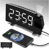 REDOM Projektionswecker Digitaler Projektionsradiowecker Funk-Projektionswecker Projektionsuhr mit Akku automatischer Helligkeitsanpassung LED-Display 180° drehbar schwarz|weiß