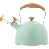 LOMUG Flötenkessel Wasserkessel, 2,5L Edelstahl Pfeifkessel mit Holzgriff Wasserkessel Camping Retro Design Whistling Teekessel Induktion Pfeifender Kessel für Küche Outdoor Gasherd Kaminofen Holzofen