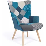 IDMarket - Skandinavischer Sessel Ivar aus Stoff Patchwork und blauem Velours