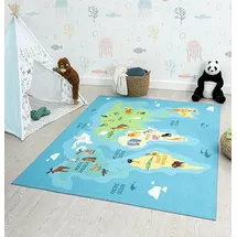 The CarPET Happy Life – Spielteppich Weltkarte mit Tieren & Kontinenten, Kinderteppich für Kinderzimmer, rutschfest & pflegeleicht, Lern‐Teppich, Blau, 80 x 150 cm