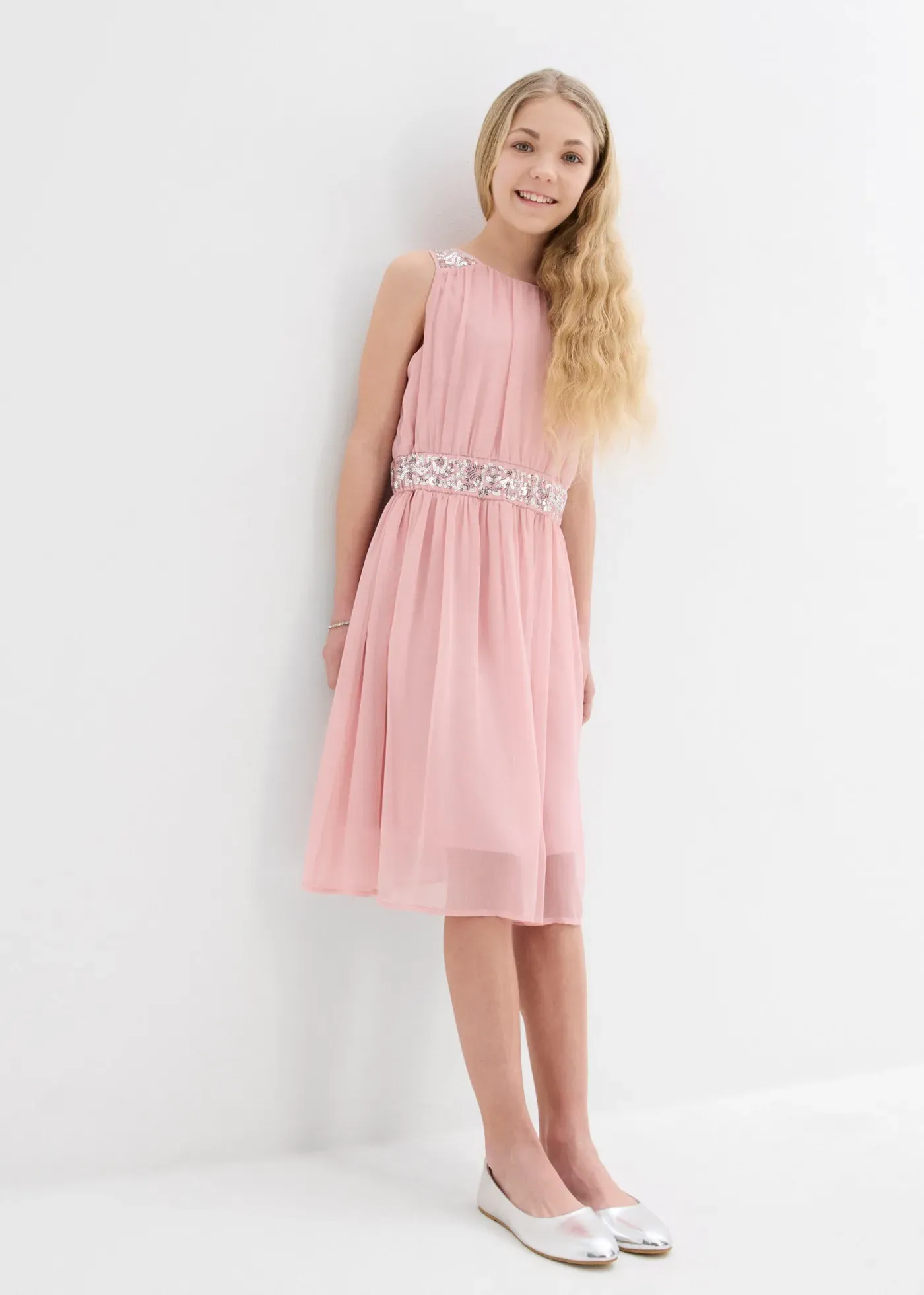 Chiffonkleid BONPRIX, Mädchen, Gr. 140, N-Gr, rosa (softrosa), Chiffon, Obermaterial: 100% Polyester. Futter: 100% Polyester, festlich, regular fit, Kleider Chiffonkleid, aus Chiffon, mit elastischem Bündchen, gefüttert