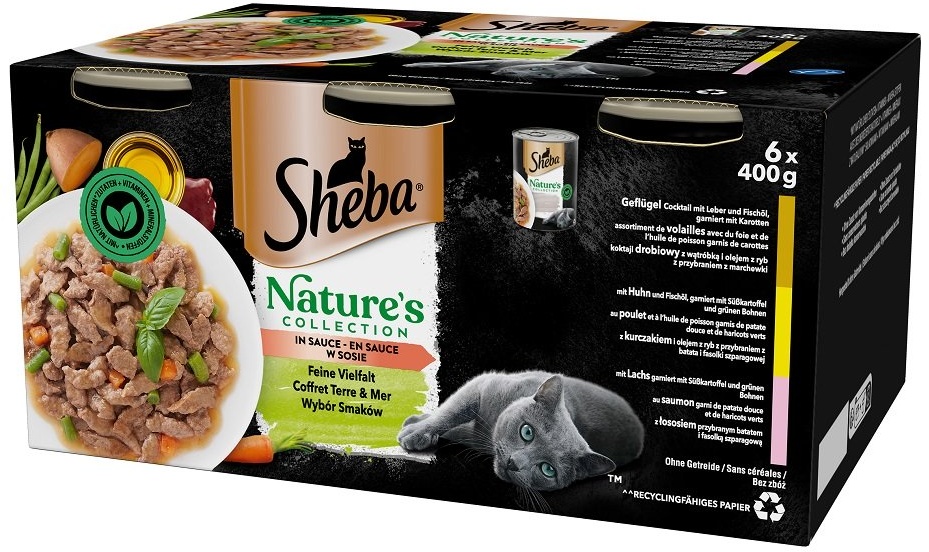 SHEBA Nature's Collection Auswahl an Geschmacksrichtungen in Sauce 6x400 g Huhn, Huhn und Lachscocktail für ausgewachsene Katzen