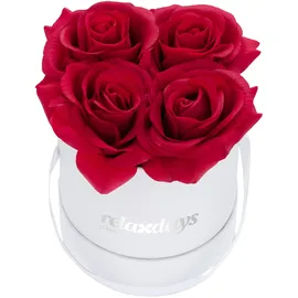 Relaxdays Rosenbox rund, 4 Rosen, stabile Flowerbox weiß, Lange Haltbarkeit, Geschenkidee, dekorative Blumenbox, rot