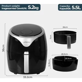 Jago® Heißluftfritteuse 5.5L - 1700 Watt, LED Display mit Touchscreen, 7 Programme, 60 min Timer, Ohne ÖL, Schwarz - Airfryer, Heißluf... - Schwarz