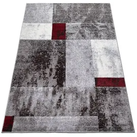 oKu-Tex Teppich Wohnzimmerteppich [160x230 cm] weicher Kurzflor grau rot meliert - Grauer Teppich für das Wohnzimmer - Carpet Living Room - geometrisches Patchwork Design - Deutsche Marke