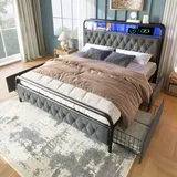 Polsterbett Doppelbett 140 X 200 Cm Mit LED, Metallbett Mit 4 Schubladen, Grau