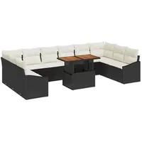 VidaXL 11-teiliges Garten Esstischset mit Kissen Schwarz Poly Rattan