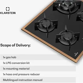 Klarstein Lumiflame Gaskochfeld, 4-Brenner, 8 kW, Kupferrahmen & Glas, Elektrische Zündung, FFD-Sicherheit, Gusseiserne Topfträger, 60 cm, LPG & | | Braun