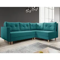 Easy4You Ecksofa Baldur L-Form Türkis – 235x93x145 cm - Schlafsofa mit Bettkasten und Schlaffunktion - Eckcouch mit Stauraum, Holzfüße und Kis... - Türkis