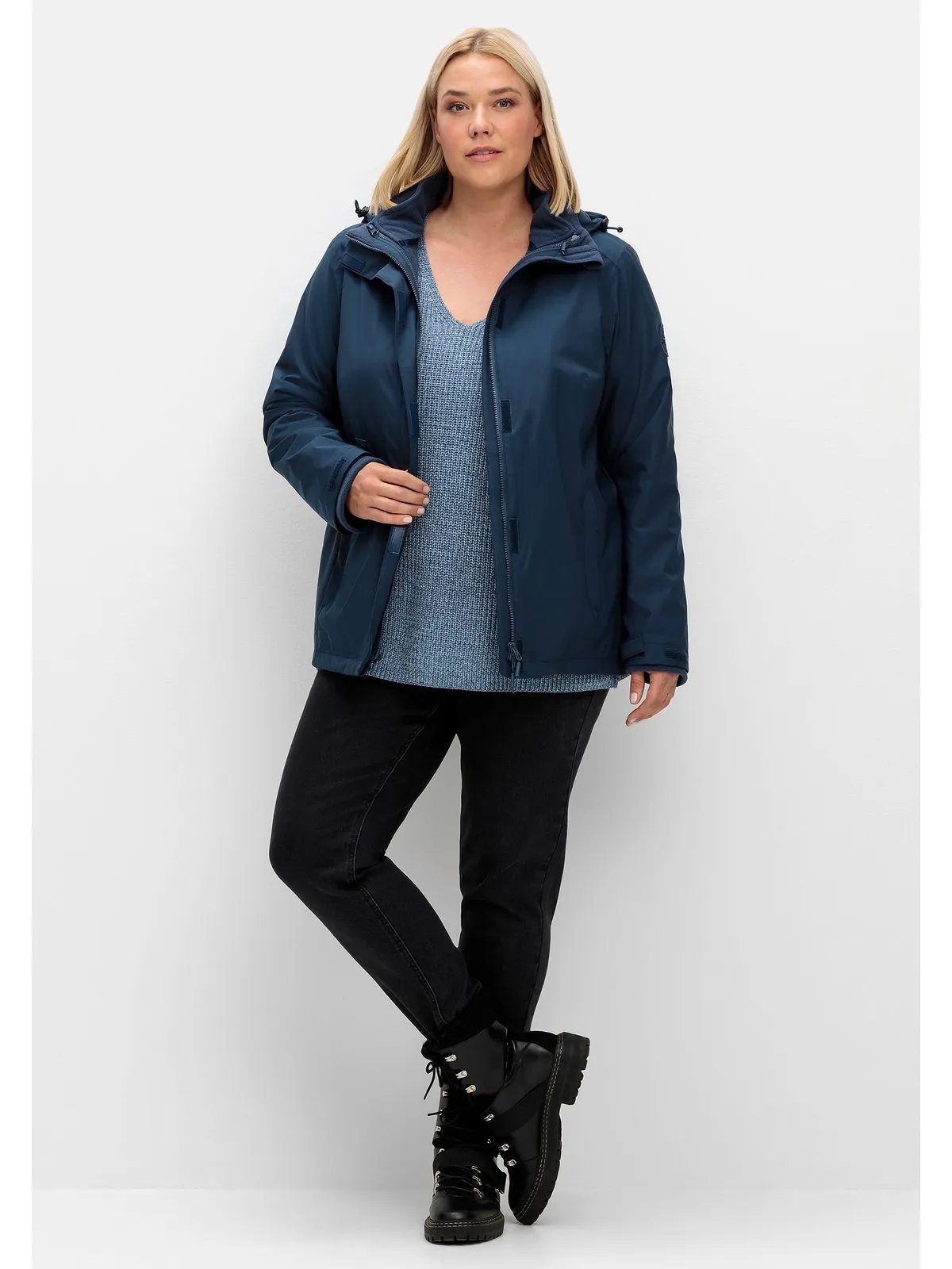 3-in-1-Funktionsjacke SHEEGO "Große Größen" Gr. 58, blau (dunkelblau) Damen Jacken mit Fleece-Innenjacke, wind- und wasserdicht