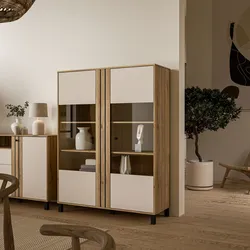 Highboard FORTE "Killarney", beige (mauvella eiche, sand), B:121,4cm H:161,0cm T:42,0cm, Spanplatte, MDF, Metall, Dekorfolie, Glas, Sideboards, Highboardvitrine, Stauraum, Soft Close