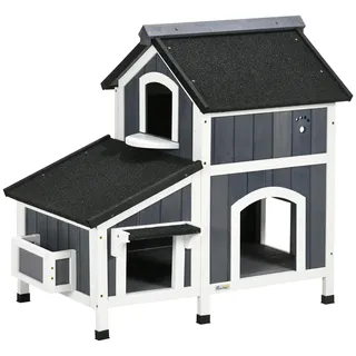 PawHut Katzenhaus aus Holz, Winterfest zweistöckig 96x65x85,5cm Grau