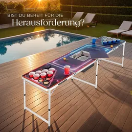 Tectake tectake® Bierpongtisch, aus Aluminium, mit Eisfach, Becherlöchern, LED-Beleuchtung, bodenschonende Kunststofffüße, inklusive 100 Bechern, 6 Bällen und Kartentrinkspiel