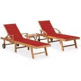 vidaXL Sonnenliegen 2 Stk. mit Tisch und Auflagen Massivholz Teak Polster-Farbe Rot