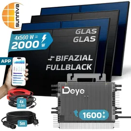 sunniva Balkonkraftwerk Full Black Bifazial 2000 W inkl. TSUN 1600 W Wechselrichter + 4 x 500 W Solarmodule
