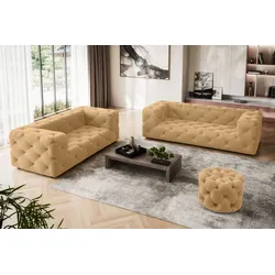 3-Sitzer PLACES OF STYLE "FOLLINA", gold, B:226cm H:71cm T:100cm, 100% Polyester, Sofas, 3-Sitzer Sofa mit klassischer Chesterfield-Knopfheftung