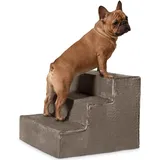 VELORA H&L Hundetreppe 3 Stufen Hellbraun - Stabile Holzkonstruktion mit Veloursbezug, rutschfeste Hundetreppe für Sofa und Bett, Haustiertreppe für Hunde und Katzen, Belastbar bis 80 kg