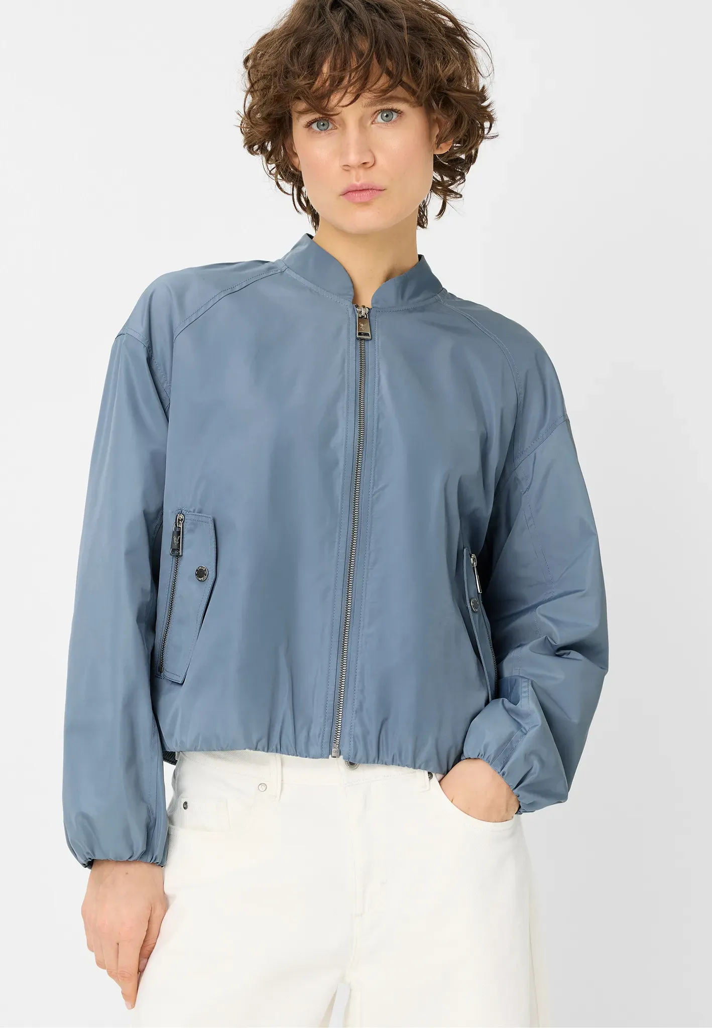 Blouson FUCHS SCHMITT, Damen, Gr. 38, bleu, Web, Obermaterial: 100% Polyester, unifarben, regular fit normal, hoch geschlossener Ausschnitt, elastischer Bund, Jacken Blouson, Stehkragen, Regular Fit, Rückenfalten