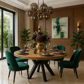 dekori.interiors Runder Ausziehbarer Tisch für Esszimmer, Pero, Loft-Stil, Skandinavische, Durchmesser: 120 / 220 cm, Eiche Craft Gold / Schwarz - Braun