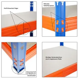 Proregal Profi Schwerlastregal Rhino HxBxT 180 x 200 x 60 cm 4 Spanplatten-Ebenen 8mm Fachlast 500 kg Blau/Orange